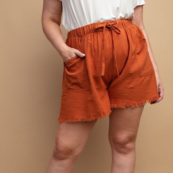 GIGIO Plus Size Frayed Hem Drawstring Shorts | Terracotta - Picture 2 of 4